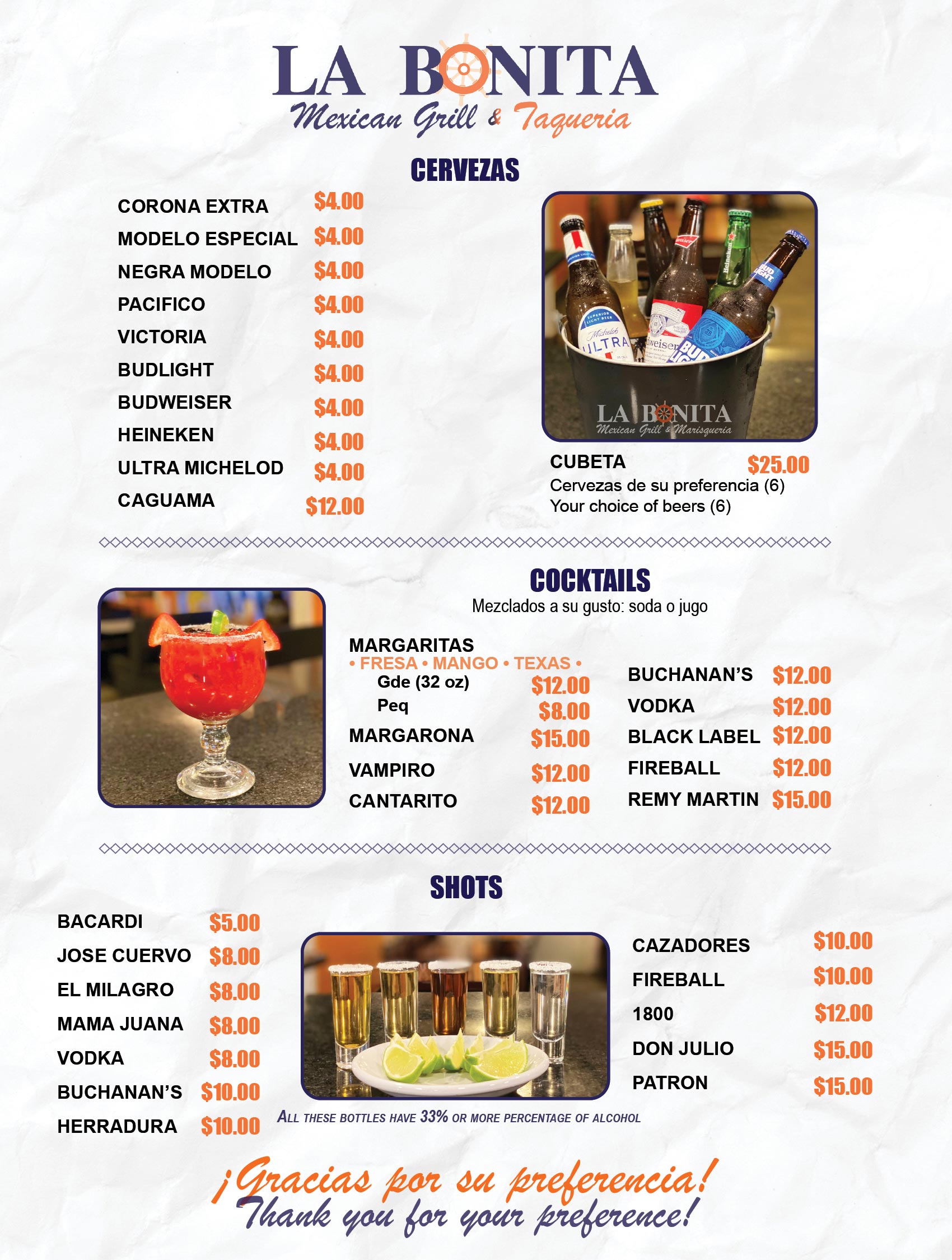 Menu La Bonita Mexican Grill & Marisqueria